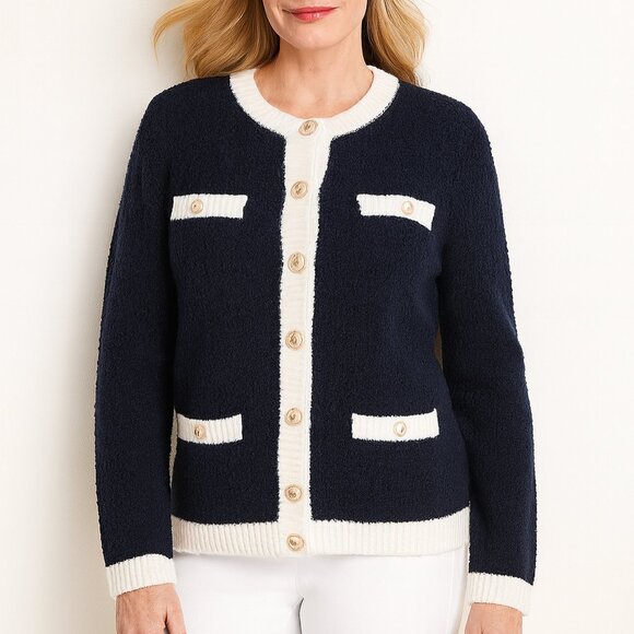 Talbots Cardigan Button Front Sweater Navy White Contrast Trim Cotton Wool Blend - Picture 1 of 13